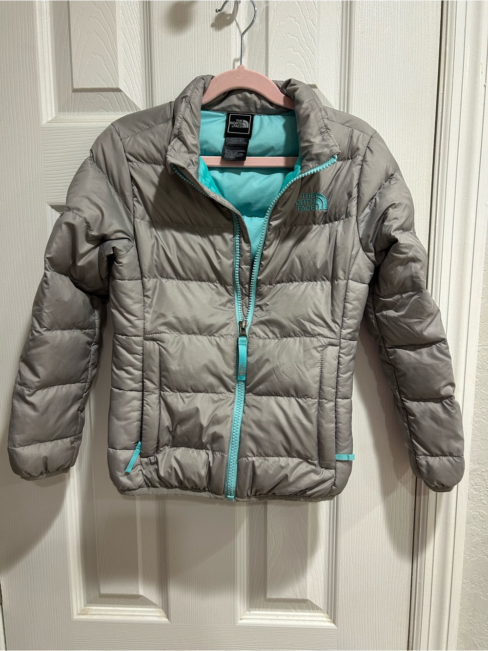 The North Face Goose Down Girls Puffer 550 Jacket | grey & teal | small